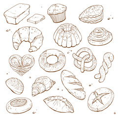 Hand drawn bread isolated on white background. Bakery objects vector illustration in sketch style.