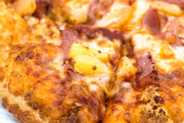 Cost-up  Hawaiian pizza box set isolated on white background. It copy space and selection focus.