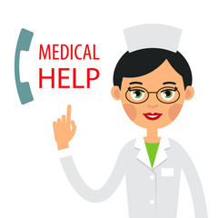 Medical help. Young woman doctor lifting your finger up reveals that you can get medical help. Portrait in half height of doctor woman, nurse or medical assistant. Cartoon illustration isolated