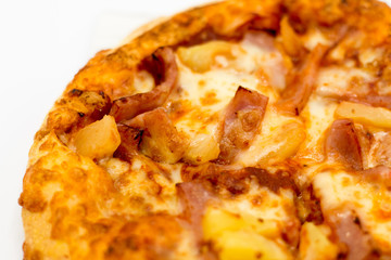 Cost-up  Hawaiian pizza box set isolated on white background. It copy space and selection focus.
