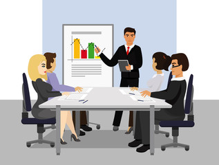 Vector illustration of presentation. Teamwork, manager businessman leading the presentation during the meeting in office in flat cartoon style.