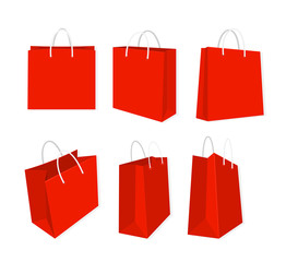 Vector illustration set of red shopping bags, paper or plastic with handles isolated on white background.
