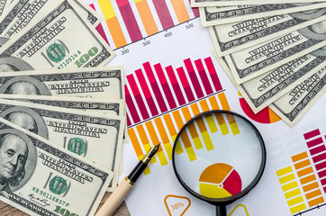 Magnifying glass and dollar banknotes on business graphs