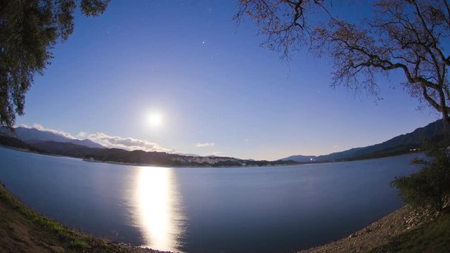 Time lapse of the moon rising over Lake Cachuma in Santa Barbara county, California.
