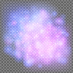 Outer space galaxy on a transparent background. Bright blue and violet flashes in the Universe. Vector illustration with starry sky light effect