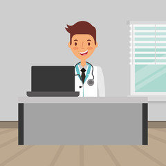doctor sitting in consultation room with pc medical health vector illustration