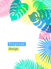 Fototapeta na wymiar Tropical Flowers and Palms Summer Background with copy space. Flat style illustration in punchy pastels colors. Exotic Floral frame for Invitation, Flyer or Card. Tropical floral template.