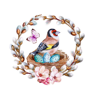 recommend clip art: Easter spring wreath with flowering willow. Nest with eggs. Bird of a goldfinch isolated on white background. Watercolor. Illustration. Template. Clipart. close-up. Handmade