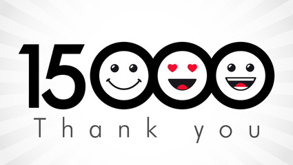 Thank you 15000 followers numbers. Congratulating black and white networking thanks, net friends image in two 2 colors, customers 15 000 likes, % percent off discount. Round isolated smiling people