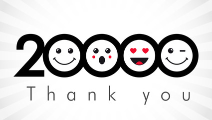 Thank you 20000 followers numbers. Congratulating black and white networking thanks, net friends image in two 2 colors, customers 20 000 likes, % percent off discount. Round isolated smiling people