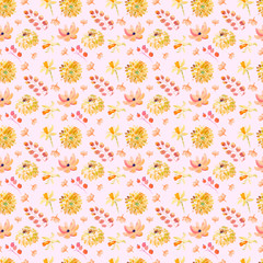 Yellow summer flowers seamless pattern with beautiful orange floral illustrations for creating of wedding card, boho vintage invitation, poster and web banner background.