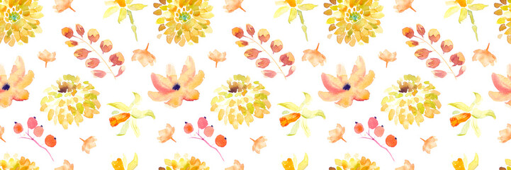 Yellow summer flowers seamless pattern with beautiful orange floral illustrations for creating of wedding card, boho vintage invitation, poster and web banner background.