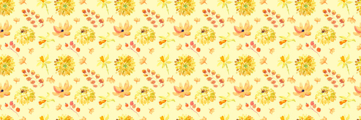 Obraz premium Yellow summer flowers seamless pattern with beautiful orange floral illustrations for creating of wedding card, boho vintage invitation, poster and web banner background.