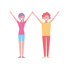 couple of young raised arms people characters vector illustration