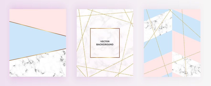 Set cover geometric designs with gold glitter line, cream blue, pastel pink colors and marble texture background. Template for invitation, card, design, banner, wedding, baby shower