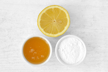 Homemade face mask made out of lemon juice, honey and baking soda