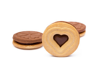 Chocolate heart in round biscuit isolated on white background