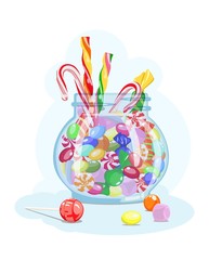 Assorted sweets in jar. Sweet-toothed. Vector illustration