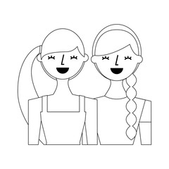 portrait young women friends happy characters vector illustration outline design