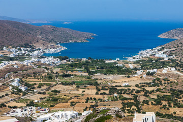 Fototapeta na wymiar Panoramic view from the port of Amorgos.the largest natural harbor of Cyclades