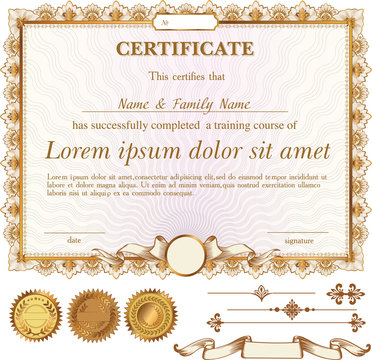 Vector gold certificate or coupon template with additional design elements