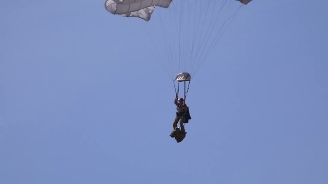 Elite military forces and paratroopers skydive onto and land in a field during training operations.