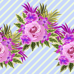 Obraz premium Tropical seamless floral border on striped background. Horizontal floral pattern for printing on fabric, clothing, home textiles, wallpaper, gift wrapping.