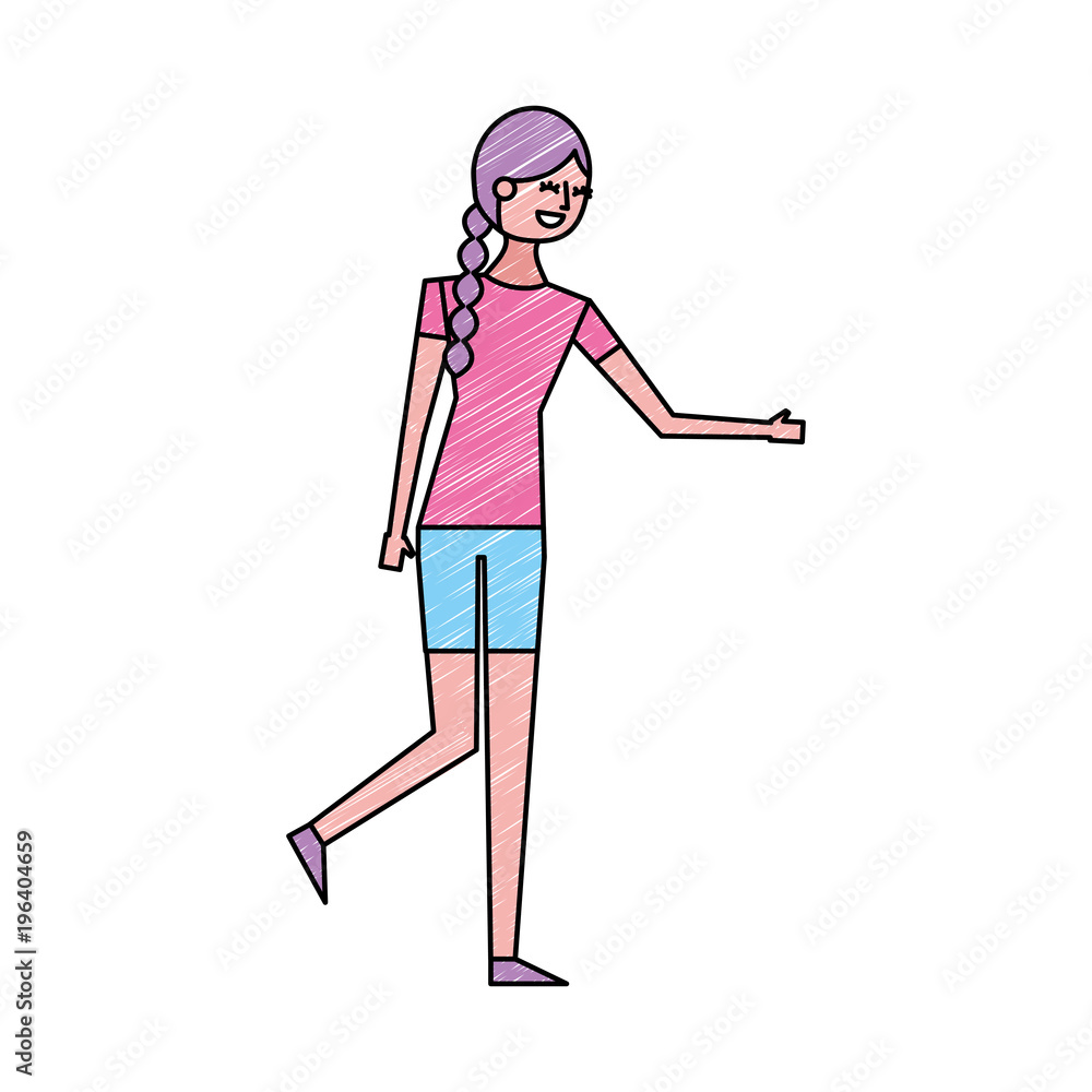 Poster young woman people character gesturing with arms vector illustration drawing color design