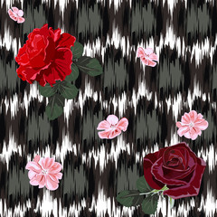 Seamless pattern with beautiful delicate roses on background with abstract grunge texture. Flower background for textile, cover, wallpaper, gift packaging, printing.Romantic design for calico, silk.