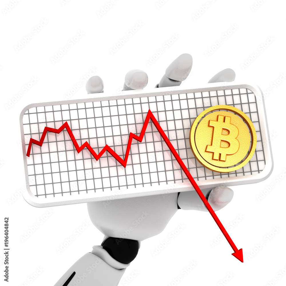 Poster 3d rendering of robotic hand hold a plate with bitcoin cryptocur