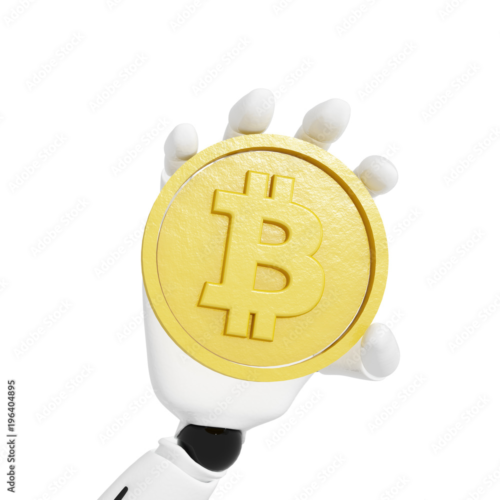 Poster 3d rendering of robotic hand with bitcoin symbol