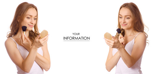 Beautiful young woman with blush brush in hands beauty makeup set pattern