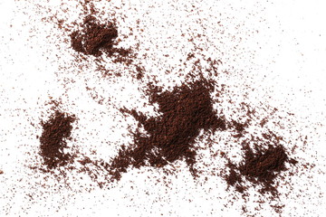 Pile of powdered, instant coffee for espresso isolated on white background, top view