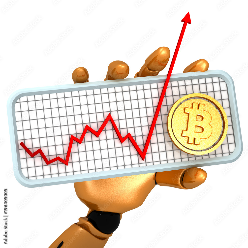 Poster 3d rendering of golden robotic hand hold a plate with bitcoin cr