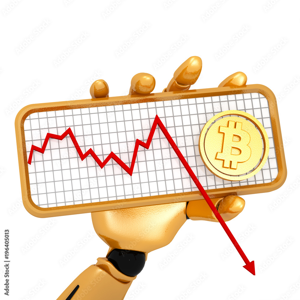 Poster 3d rendering of golden robotic hand hold a plate with bitcoin cr