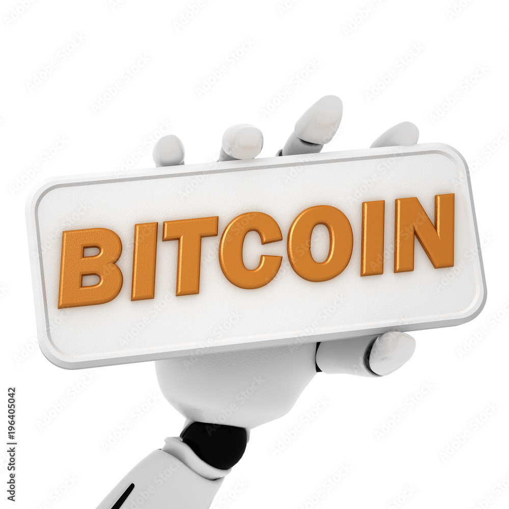 Poster 3d rendering of robotic hand hold a plate with text of bitcoin
