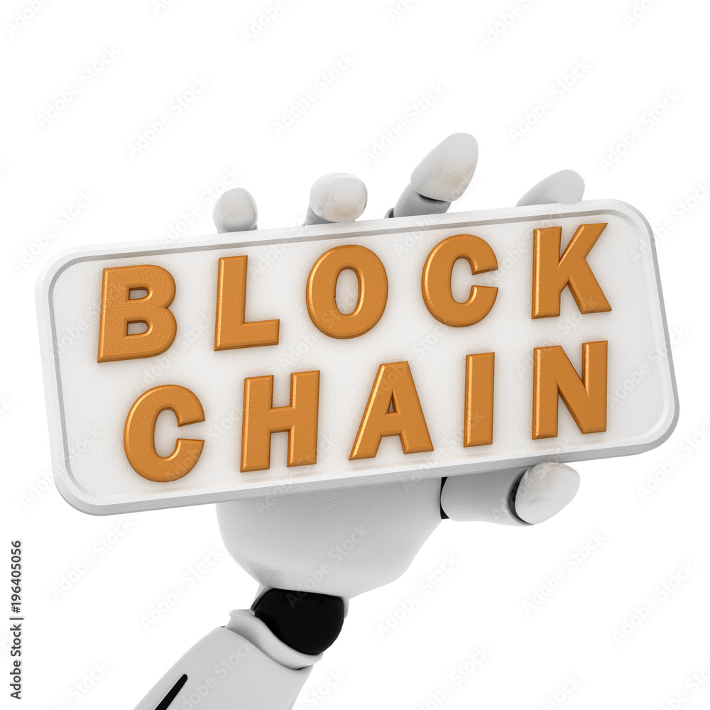 Poster 3d rendering of robotic hand hold a plate with text of blockchai