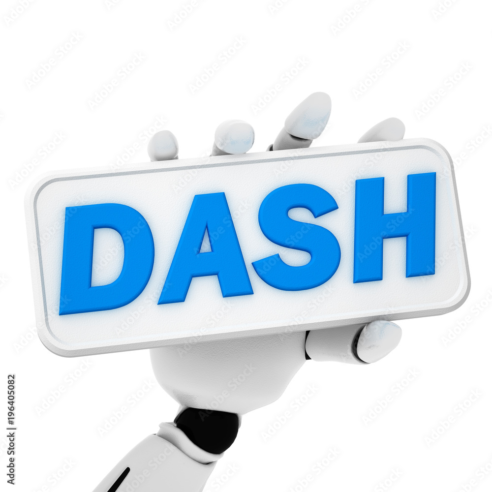 Poster 3d rendering of robotic hand hold a plate with text of dash