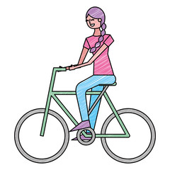 beautiful young happy woman riding in bicycle vector illustration drawing color design