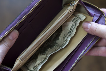 Hands holding a purse in which lie one hundred dollars