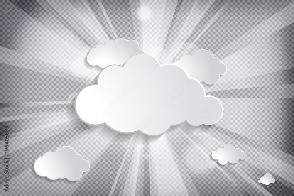 Poster clouds with sun and rays on a chequered background