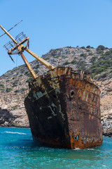 The rusty shipwreck of the Amorgos from a closer view