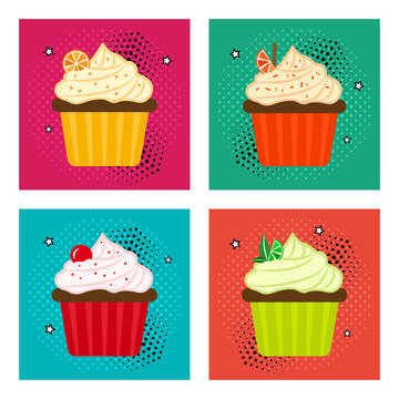 Sweet dessert. Set of fruit cupcake icons in pop art style. Vector illustration