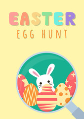 Obraz na płótnie Canvas happy easter greeting card, easter egg hunt template, rabbit behind egg magnifying glass concept, vector illustration