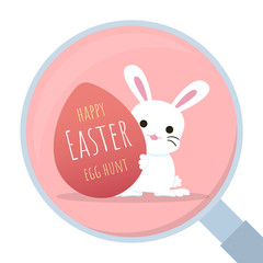 happy easter egg hunt greeting card, rabbit behind egg magnifying glass concept, vector illustration