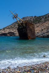The rusty shipwreck of the Amorgos from a closer view