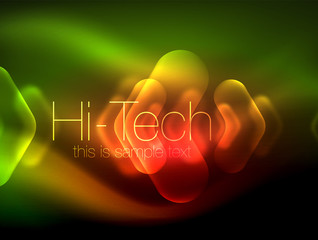 Blurred arrows in dark space. Neon pointers, glass glossy design, abstract shiny techno background, web banner