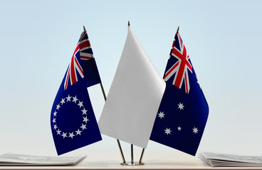 Flags of Cook Islands and Australia with a white flag in the middle