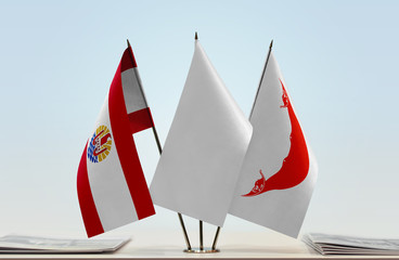 Flags of French Polynesia and Easter Island with a white flag in the middle