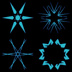 Northern ornaments from stars and snowflakes. Blue plains patterns on a black background for the design of northern themes.
